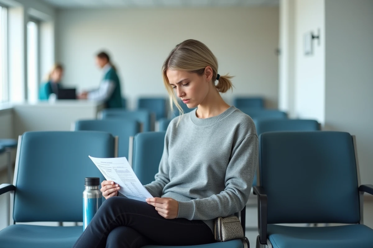 Patiente lisant ses résultats de prise de sang dans une salle d'attente médicale