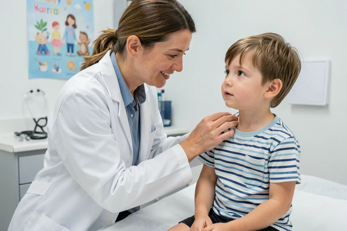 Pédiatre examinant le ganglion cervical gauche d'un enfant en consultation médicale