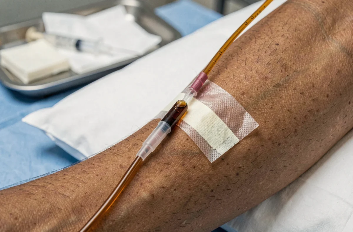 Gros plan d'une perfusion intraveineuse de fer avec cathéter fixé sur l'avant-bras d'un patient