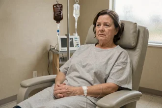 Femme recevant une perfusion de fer intraveineuse dans une unité hospitalière de soins ambulatoires
