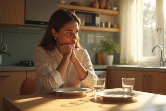 Personne assise à la table de cuisine au matin contemplant une assiette vide
