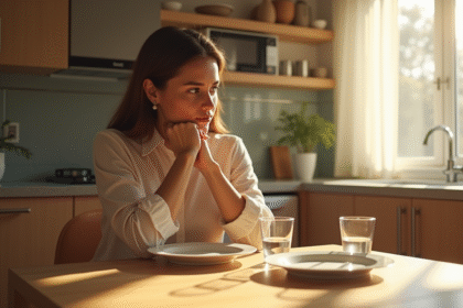 Personne assise à la table de cuisine au matin contemplant une assiette vide