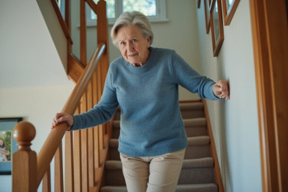 Femme âgée descend un escalier dans une maison chaleureuse