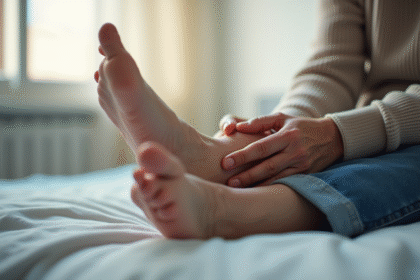 Personne agee examinant doucement son pied au lit