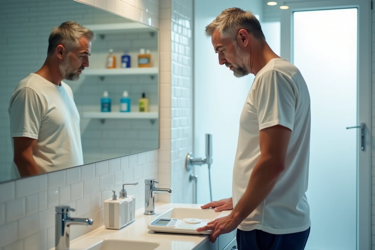 Homme senior de 62 ans debout sur une balance numérique dans une salle de bain moderne, regardant son poids avec une expression inquiète, symbolisant la surveillance de la perte de poids rapide chez les personnes de plus de 50 ans