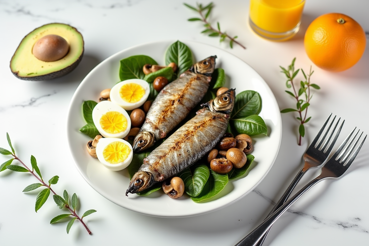 Petit déjeuner sain avec sardines et légumes frais