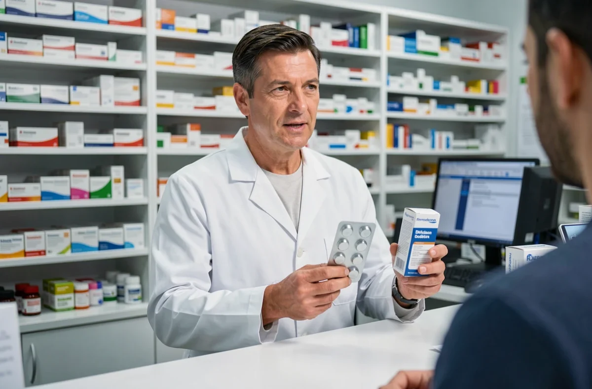 Pharmacien en blouse blanche expliquant les interactions médicamenteuses entre Proteochoc et anti-inflammatoires à un client en pharmacie