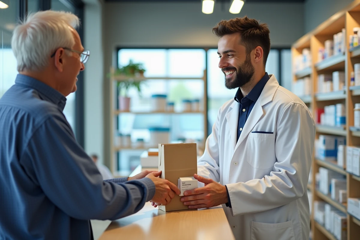 Pharmacien donnant des medicaments a un client en pharmacie