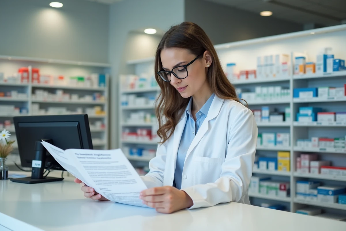 Pharmacienne consultant une fiche d'information sur le traitement de l'angiœdème héréditaire en officine