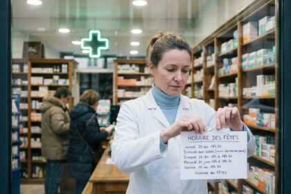 Pharmacienne affichant les horaires des fêtes sur la vitrine d'une pharmacie française