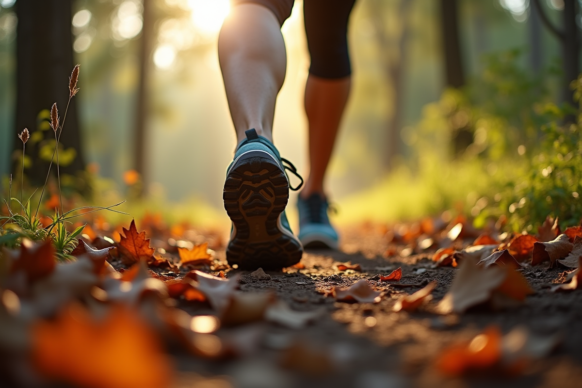 Gros plan sur des pieds en marche sur un sentier forestier