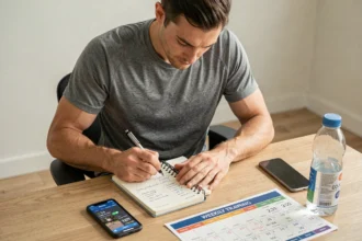 Coureur masculin planifiant son entraînement de course à pied par étapes avec un cahier et une application mobile sur un bureau en bois