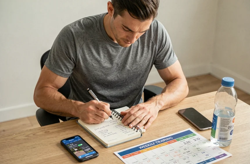Coureur masculin planifiant son entraînement de course à pied par étapes avec un cahier et une application mobile sur un bureau en bois