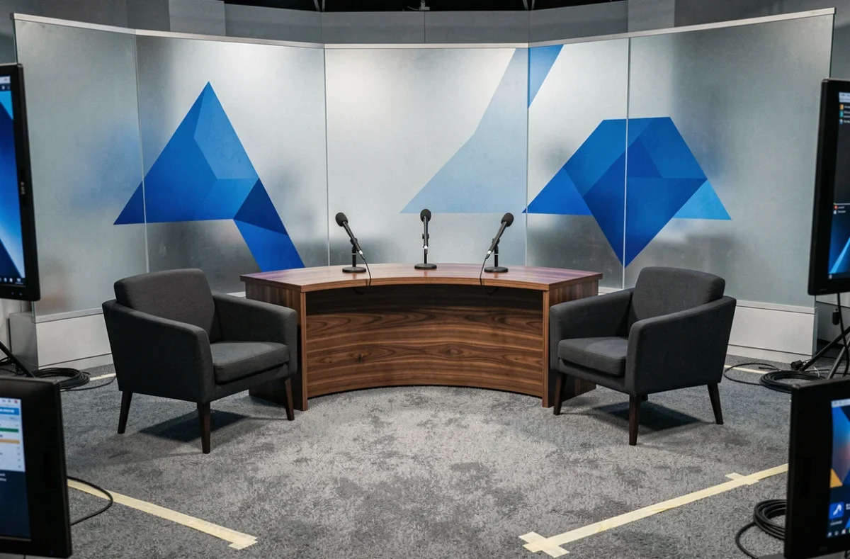 Plateau de télévision vide d'un programme politique français avec fauteuils et bureau en noyer, microphones et écrans de régie visibles en arrière-plan