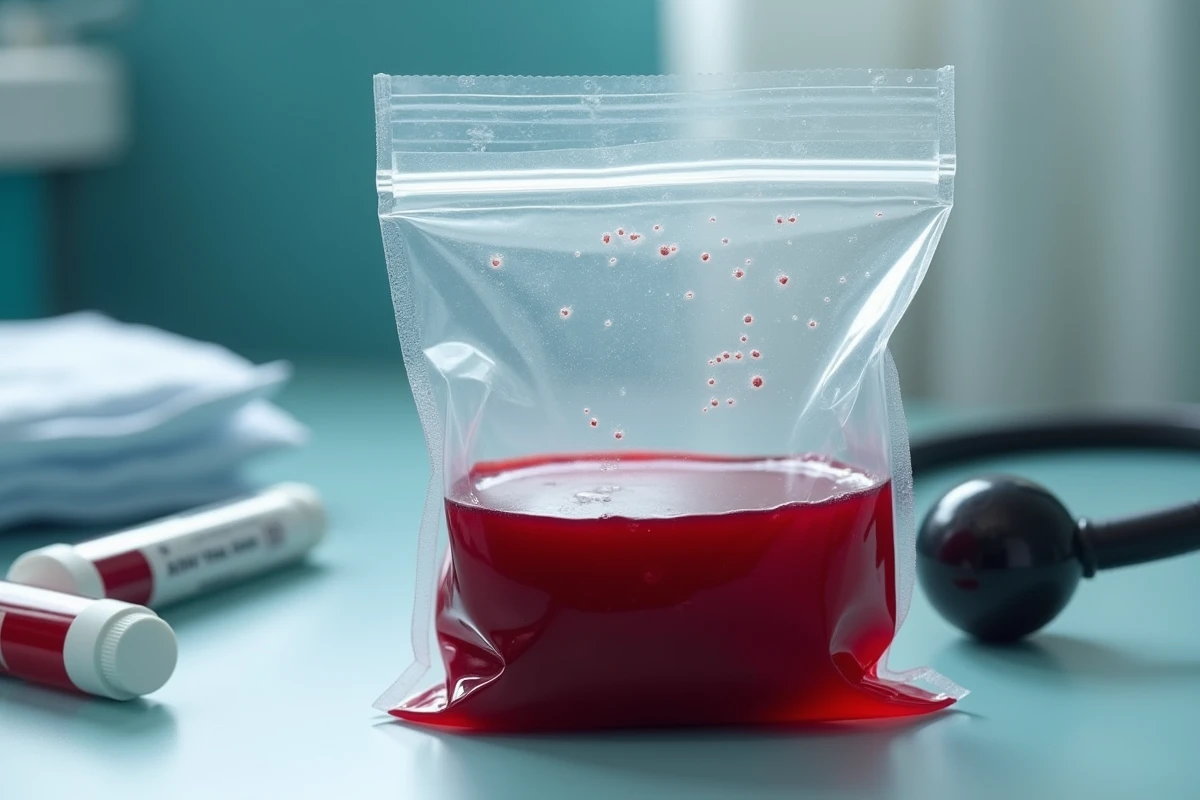 Poche de collecte de sang remplie après un don, posée sur une surface médicale stérile avec matériel de prélèvement