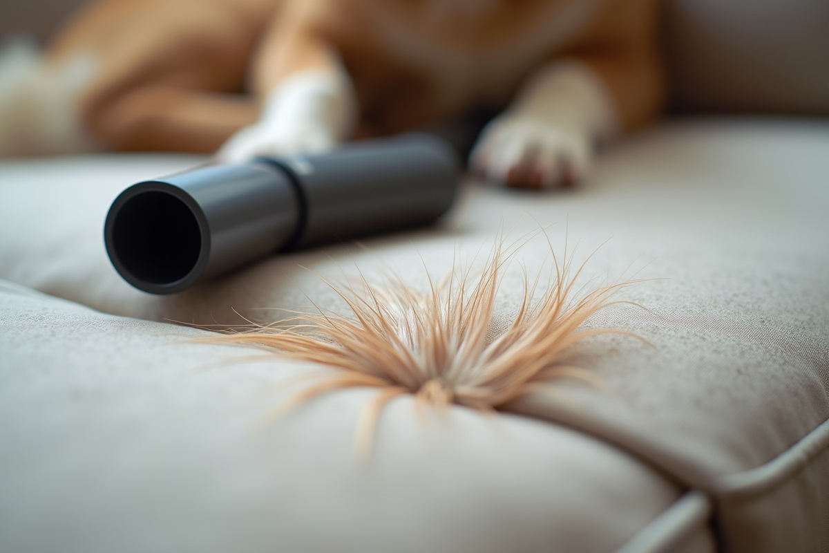 Détails des poils de chien sur le canapé avec aspirateur à proximité