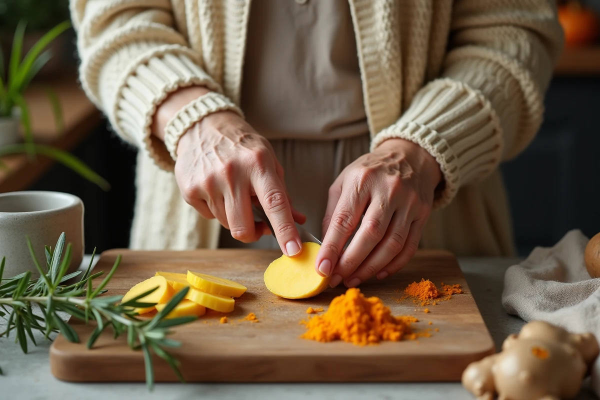 Mains de femme âgée préparant du gingembre et du curcuma frais pour un remède naturel contre la paresthésie