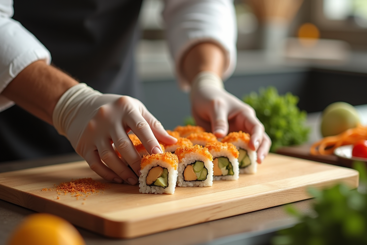 Main d’un chef préparant des rouleaux de sushi au poulet avec ingrédients frais