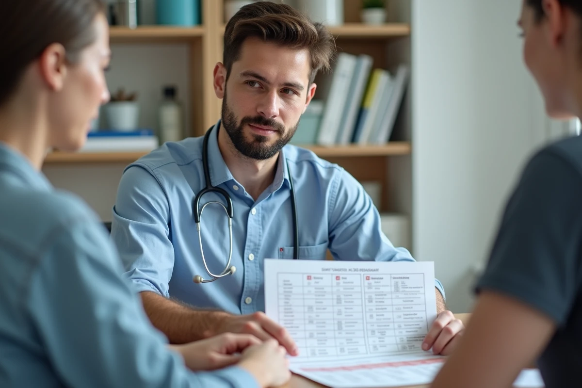 Professionnel de santé montrant un tableau de maladies à un patient