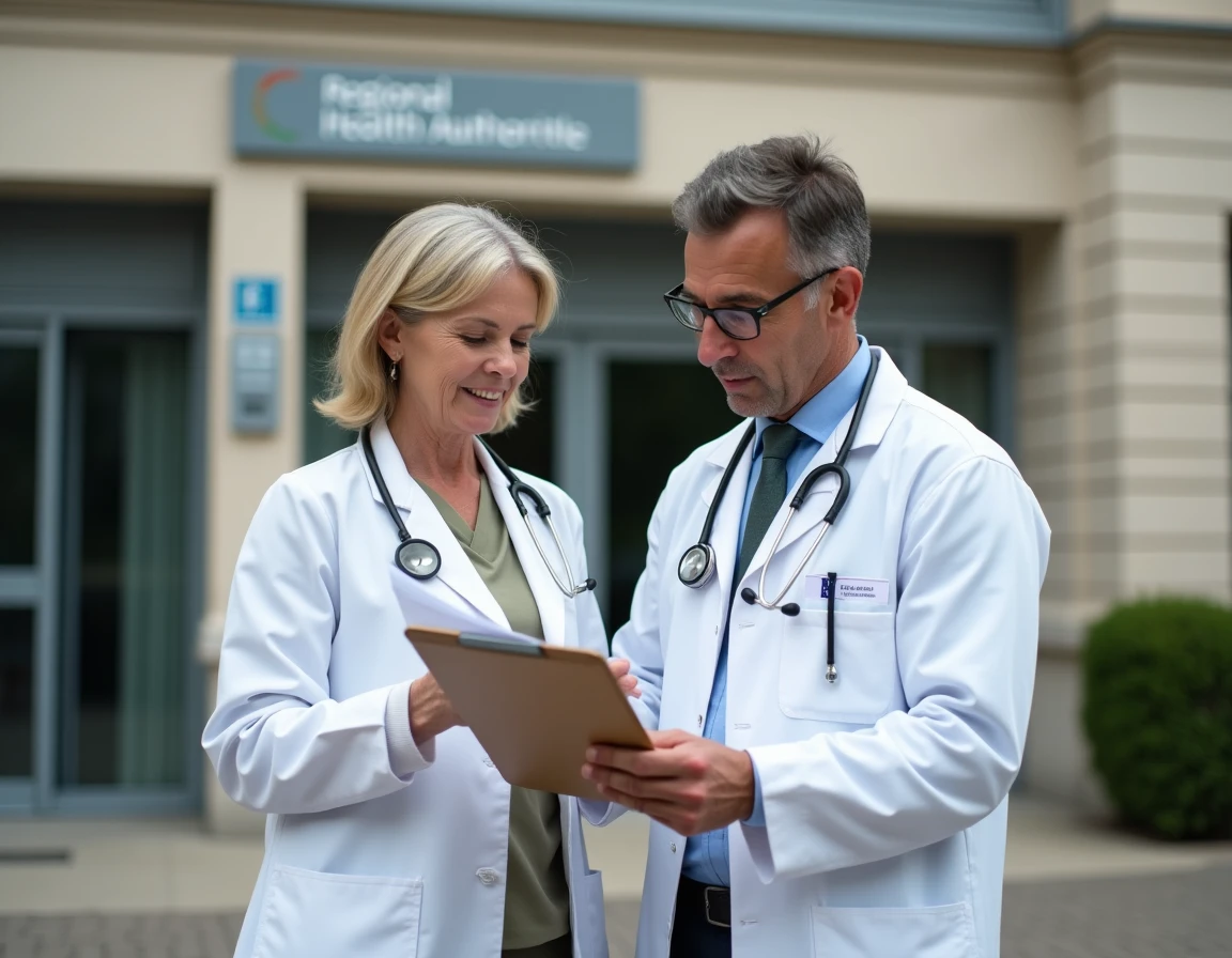 Deux professionnels de santé consultant des documents FINESS devant l'entrée d'un hôpital public français