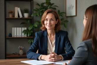 Psychologue femme attentive en consultation chaleureuse