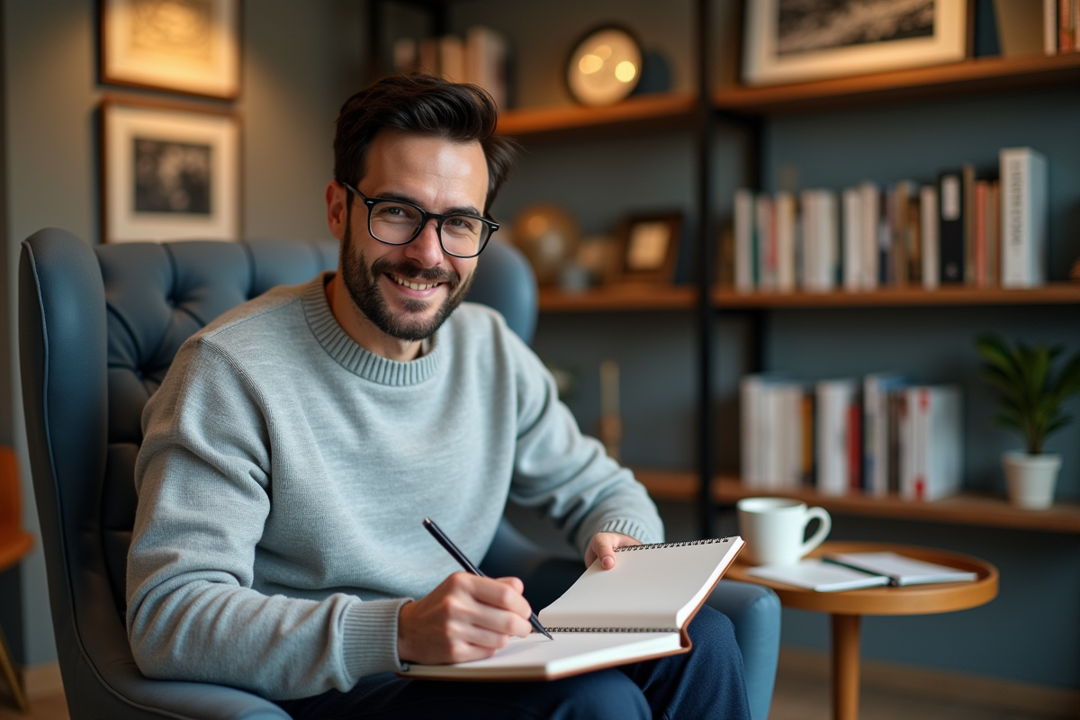 Jeune psychologue homme prenant des notes dans son bureau