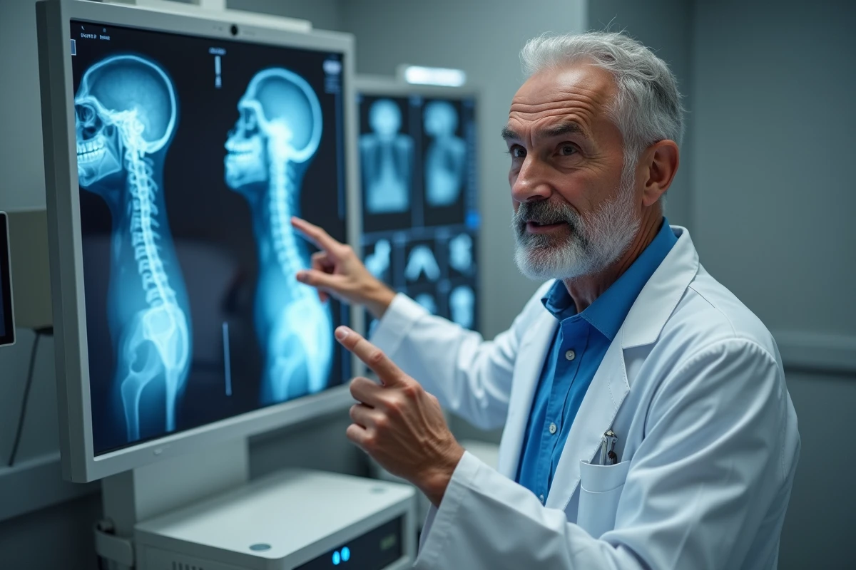 Radiologue analysant une radiographie de la colonne vertébrale et du coccyx sur un négatoscope en milieu hospitalier