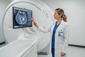 Radiologue féminine examinant les résultats d'une IRM dans une salle d'imagerie médicale moderne