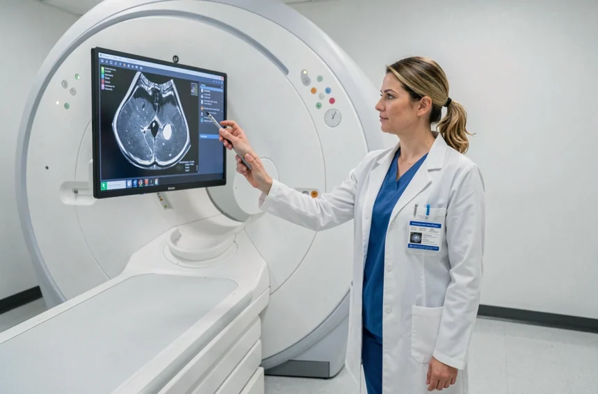 Radiologue féminine examinant les résultats d'une IRM dans une salle d'imagerie médicale moderne