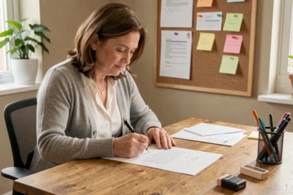 Femme rédigeant une lettre administrative à la CPAM assise à un bureau en bois avec enveloppe et timbre