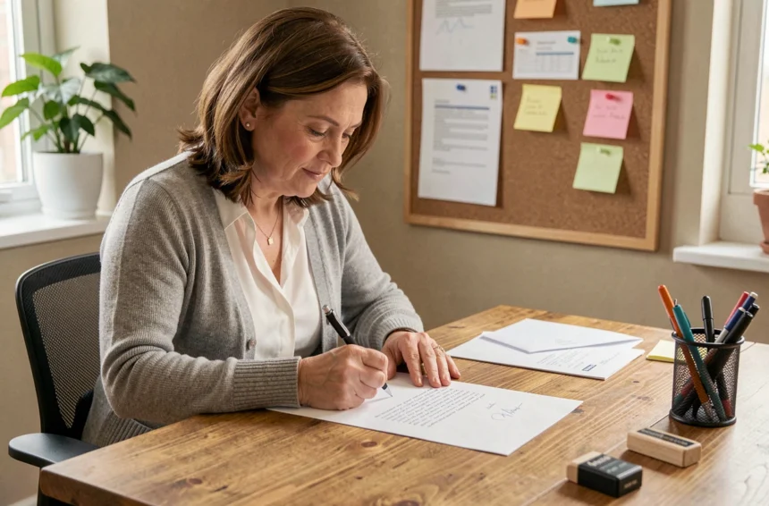 Femme rédigeant une lettre administrative à la CPAM assise à un bureau en bois avec enveloppe et timbre