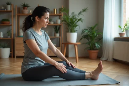 Femme d'âge moyen faisant un exercice de genou à la maison