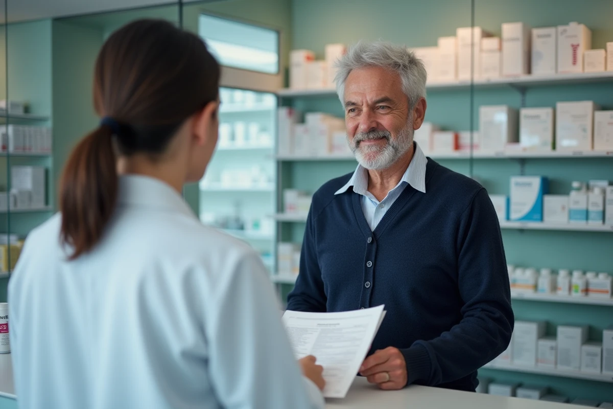 Homme remettant ses justificatifs à un pharmacien pour l'obtention d'une carte Vitale