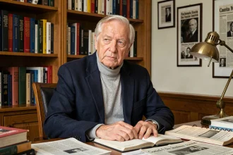Portrait d'un homme âgé et pensif assis à son bureau entouré de livres et de journaux, évoquant un intellectuel ou analyste politique reconnu