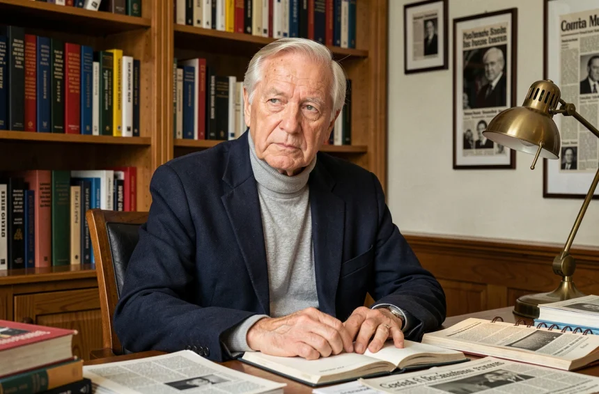 Portrait d'un homme âgé et pensif assis à son bureau entouré de livres et de journaux, évoquant un intellectuel ou analyste politique reconnu