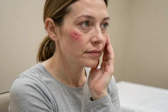 Femme touchant une zone de sutures résorbables avec rougeur légère visible sur la peau