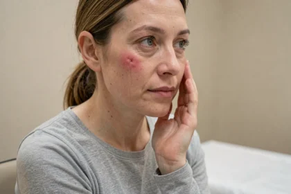 Femme touchant une zone de sutures résorbables avec rougeur légère visible sur la peau