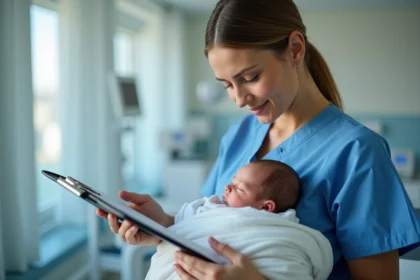 Infirmière pédiatrique avec nouveau-ne dans une nurserie moderne