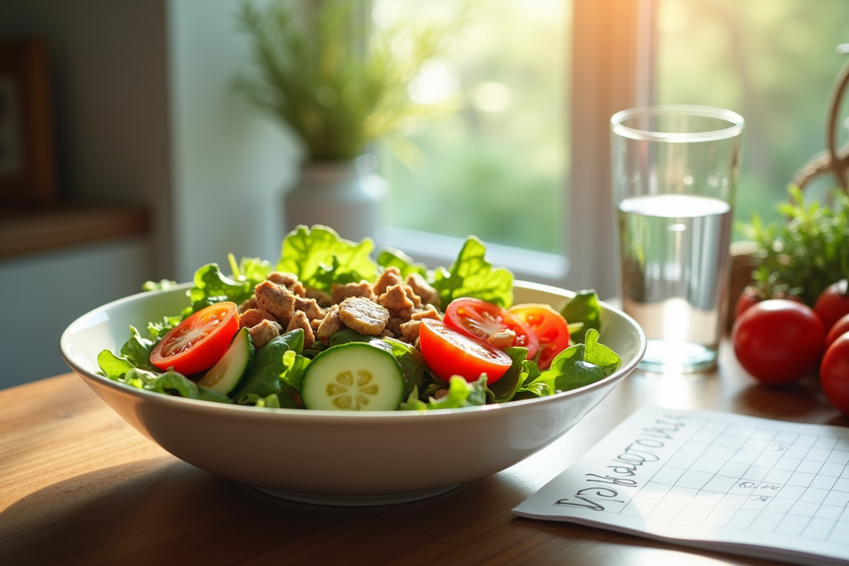 Salade colorée avec légumes frais et plan de repas écrit