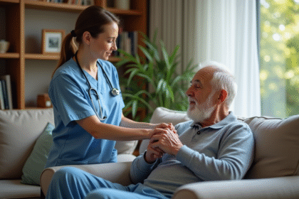 Infirmière à domicile aidant un homme âgé dans un salon chaleureux