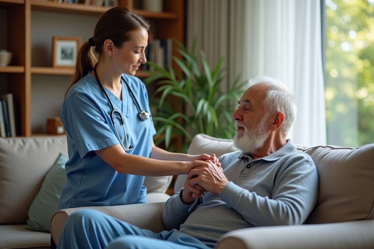 Infirmière à domicile aidant un homme âgé dans un salon chaleureux