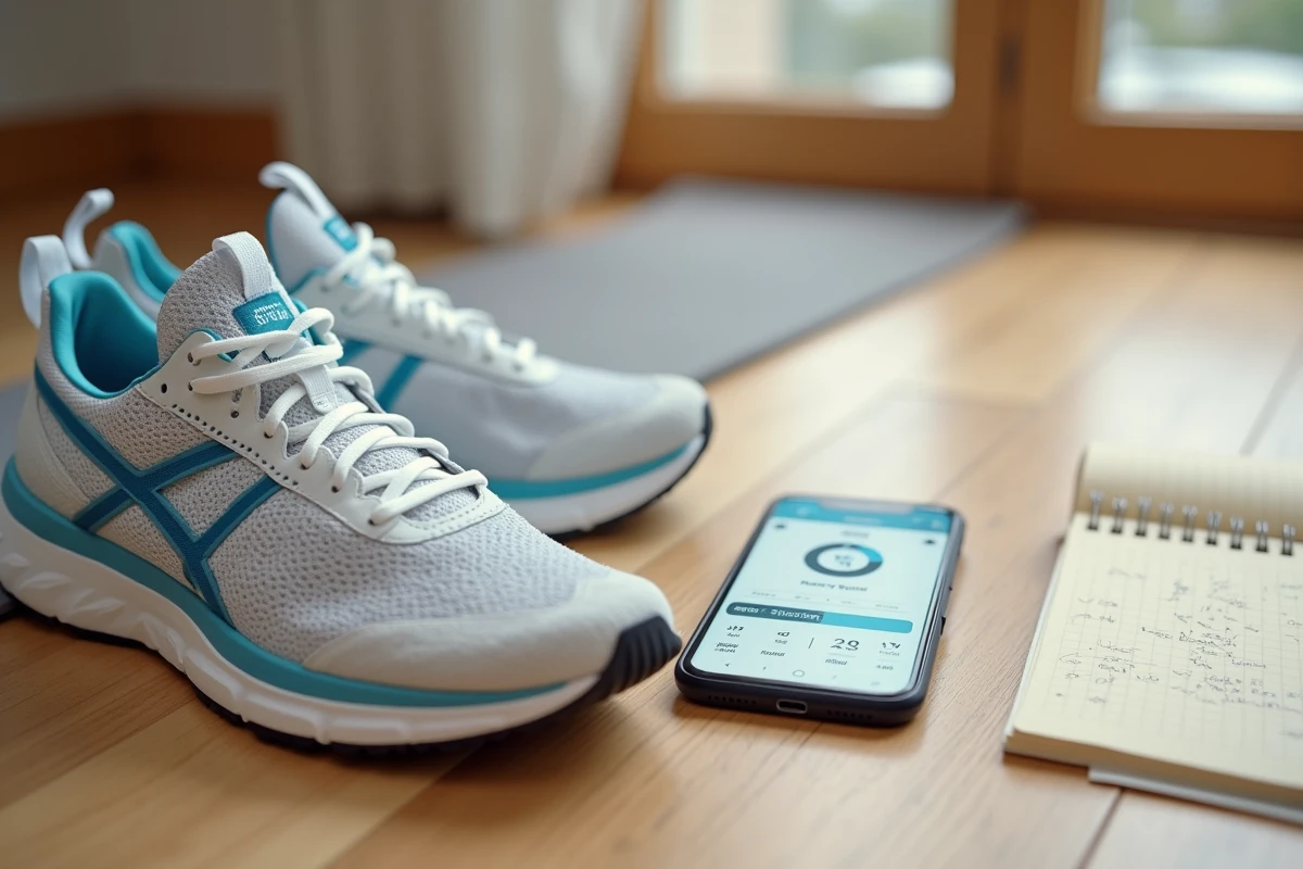 Vue de dessus d'une paire de chaussures de marche, un smartphone affichant un compteur de pas et un carnet de suivi d'objectifs kilométriques posés sur un plancher en bois