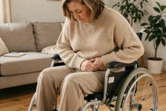 Femme en fauteuil roulant inspectant sa peau au niveau de la hanche pour détecter une escarre au stade 1