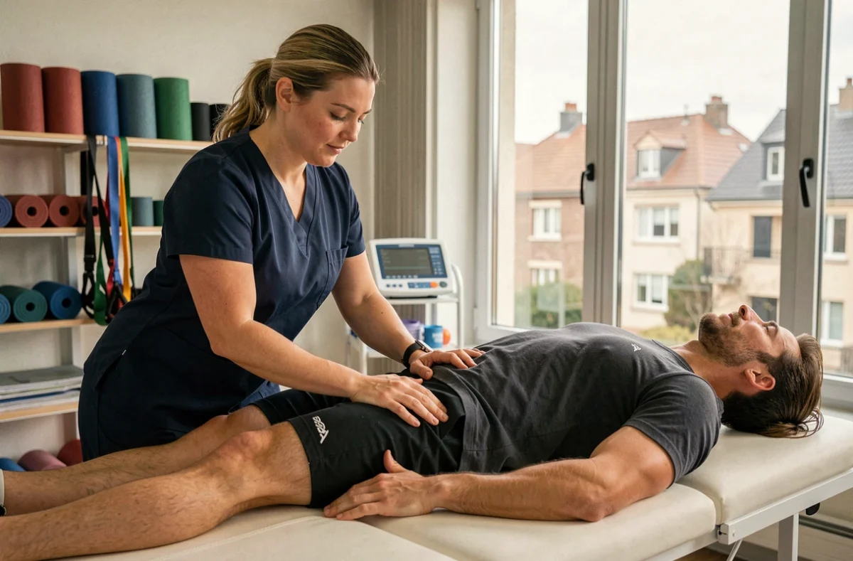 Kinésithérapeute du sport réalisant une rééducation du genou sur un athlète à Suresnes