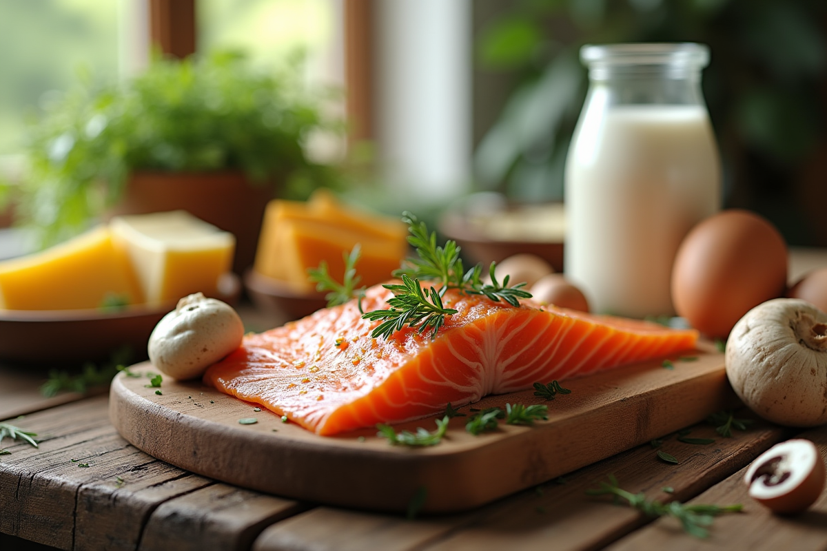Table en bois avec aliments riches en vitamines naturels