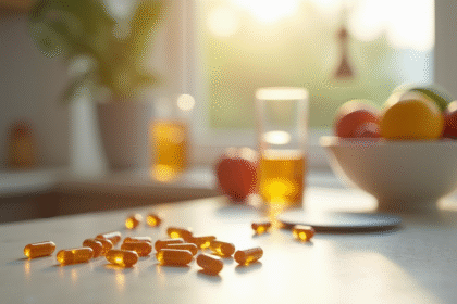 Table moderne avec capsules de vitamine B12 et fruits frais