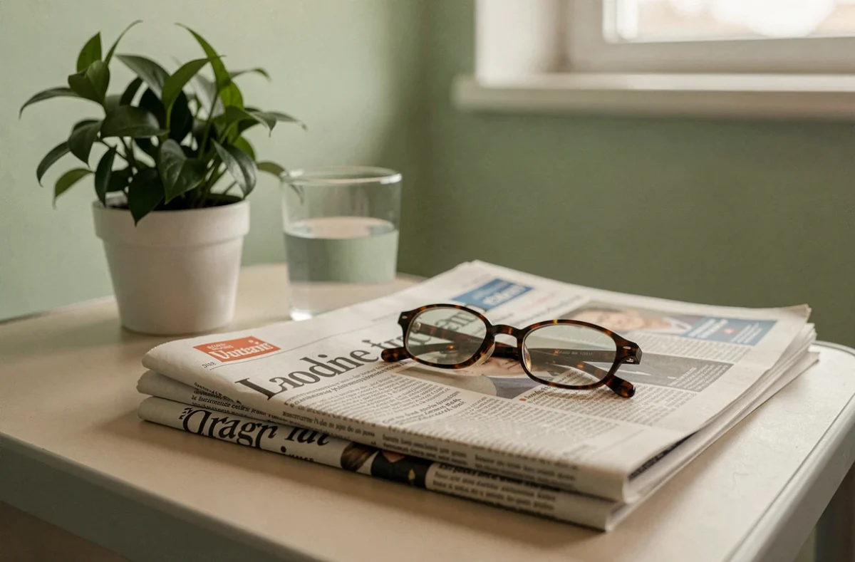 Table de chevet d'hôpital avec journal français plié, verre d'eau, lunettes de lecture et petite plante verte, atmosphère sobre et introspective