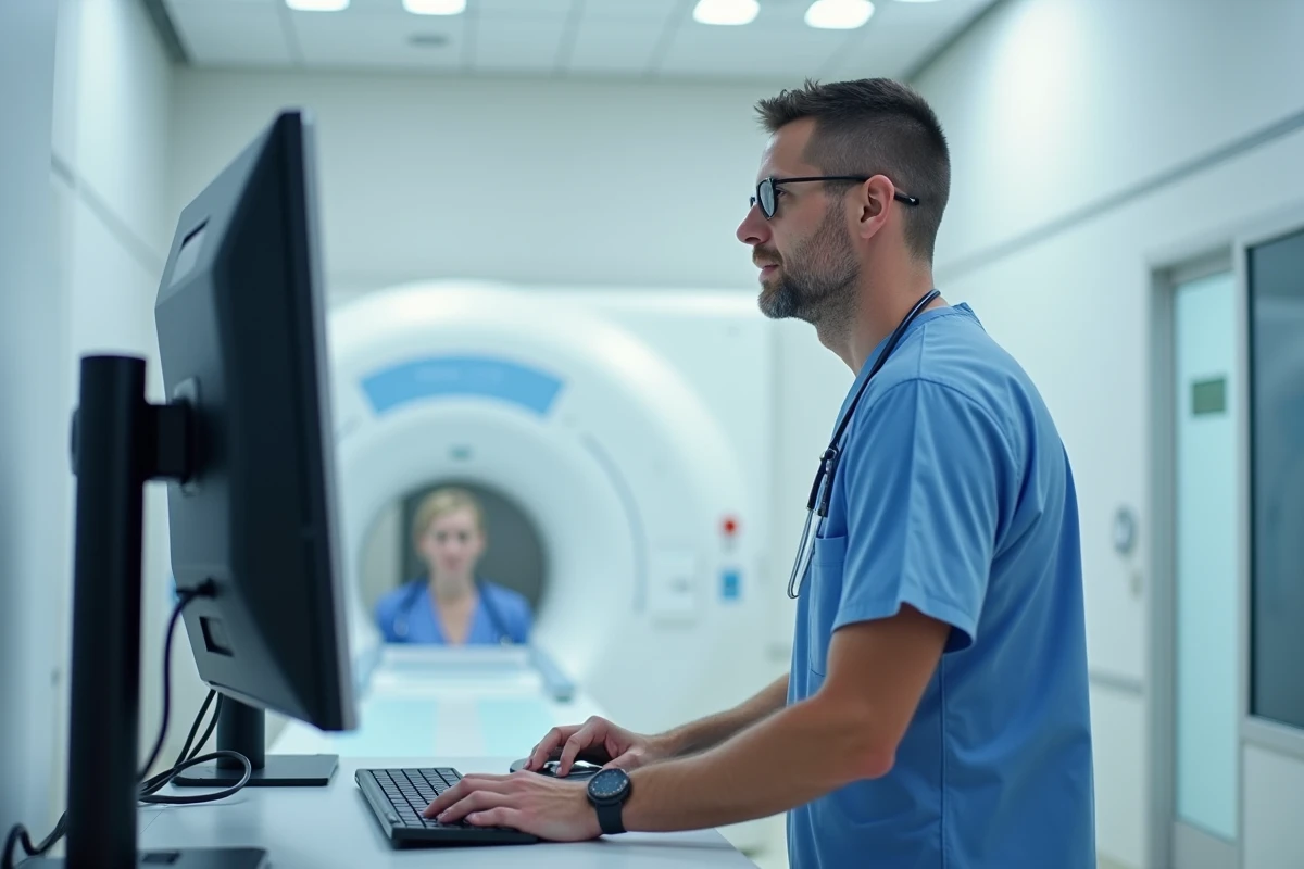 Technicien médical en scrubs utilisant un ordinateur près d