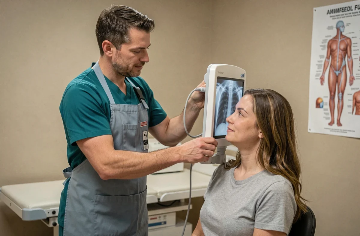 Technicien en radiologie positionnant un capteur numérique pour une radiographie de l'épaule d'une patiente