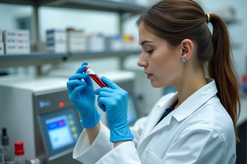 Technicienne de laboratoire tenant un tube de prise de sang pour analyse TCMH
